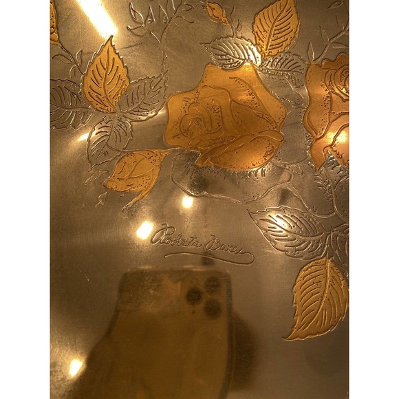 SIGNED Signature Elegant Gold 24k Plated(?) Metal Tray w/ Rose Flower Motif - Picture 8 of 8